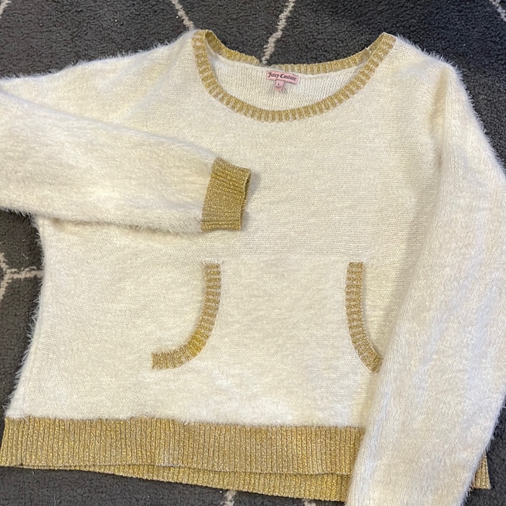 Juicy Couture cream & gold fuzzy sweater (size large)